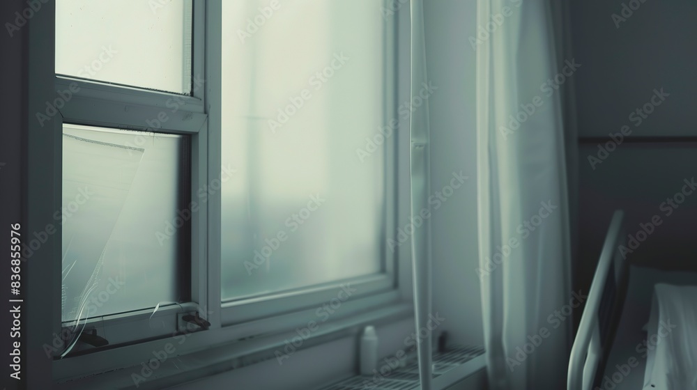 Hospital patient room window, close-up in fog, deserted, muted tones, ambient lighting - Hospital patient room window, close-up in fog, deserted, muted tones, ambient lighting -