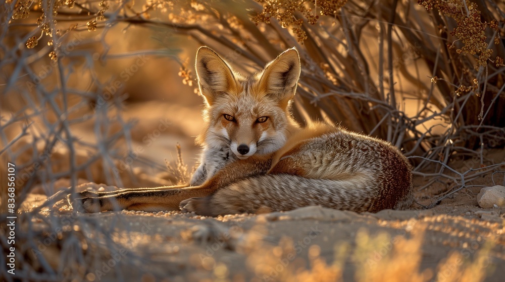 Desert Fox at Rest. A realistic photo of a desert fox resting in the shade of a small shrub, its fur glistening under the harsh sunlight Desert Fox at Rest. A realistic photo of a desert fox resting in the shade of a small shrub, its fur glistening under the harsh sunlight