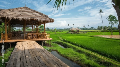 Bamboo in a rice field, Southeast Asia, offering a serene and unique dining experience with rooftop seating and scenic views