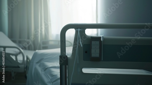 Hospital bed controls, close-up in fog, deserted, soft focus, dawn light 
