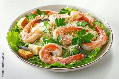 Savory Caesar Salad with Crisp Lettuce and Cooked Shrimp