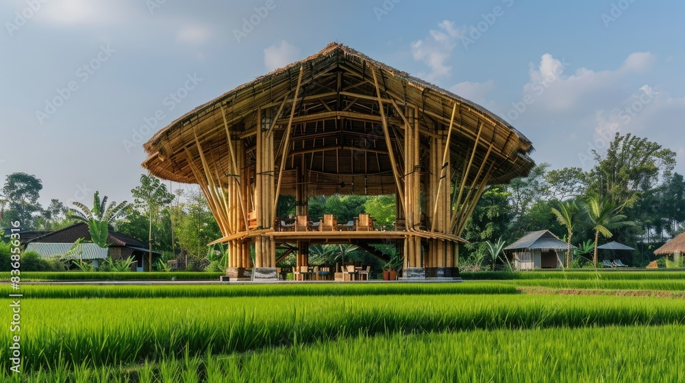Bamboo in a rice field, Southeast Asia, providing a unique and relaxing dining experience with sustainable energy and scenic rooftop views Bamboo in a rice field, Southeast Asia, providing a unique and relaxing dining experience with sustainable energy and scenic rooftop views