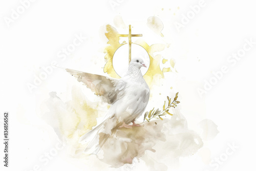Pigeon with the cross and olive branch on a white background