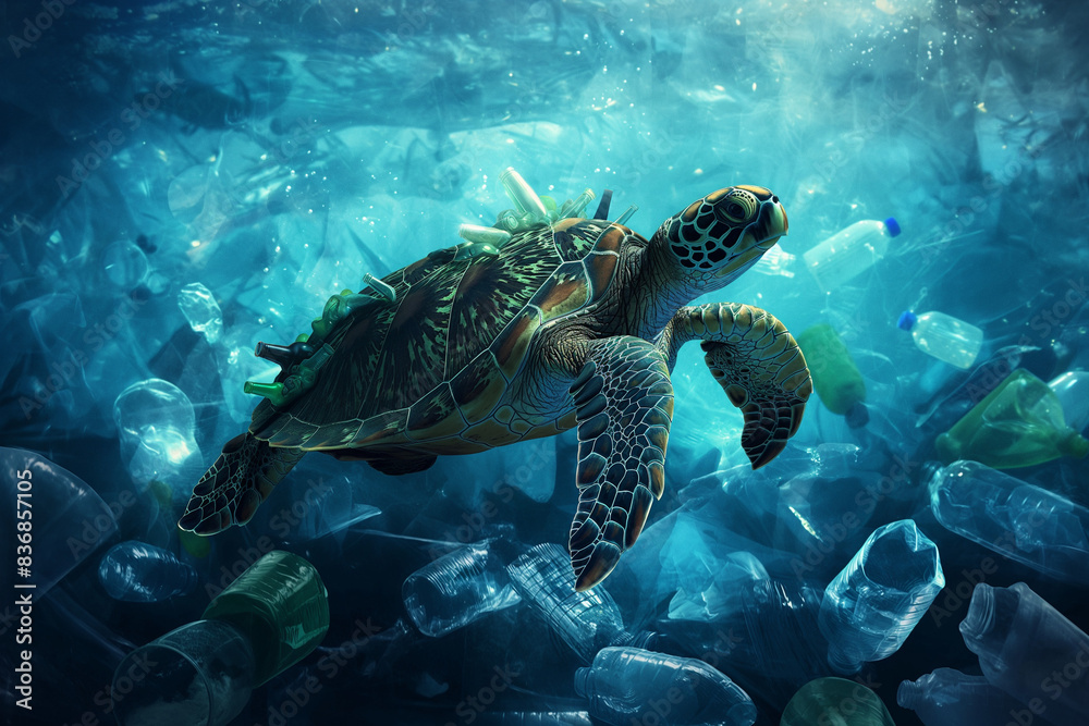 Fototapeta premium sea turtle swimming in water, Confront the harsh reality of ocean pollution with this poignant image featuring a sea turtle swimming amidst a sea of plastic bottles