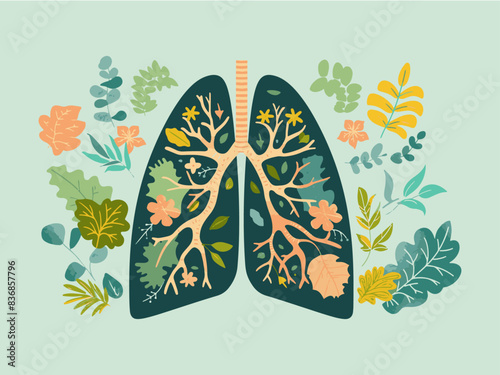 Illustration of Healthy Lungs Surrounded by Various Green Leaves