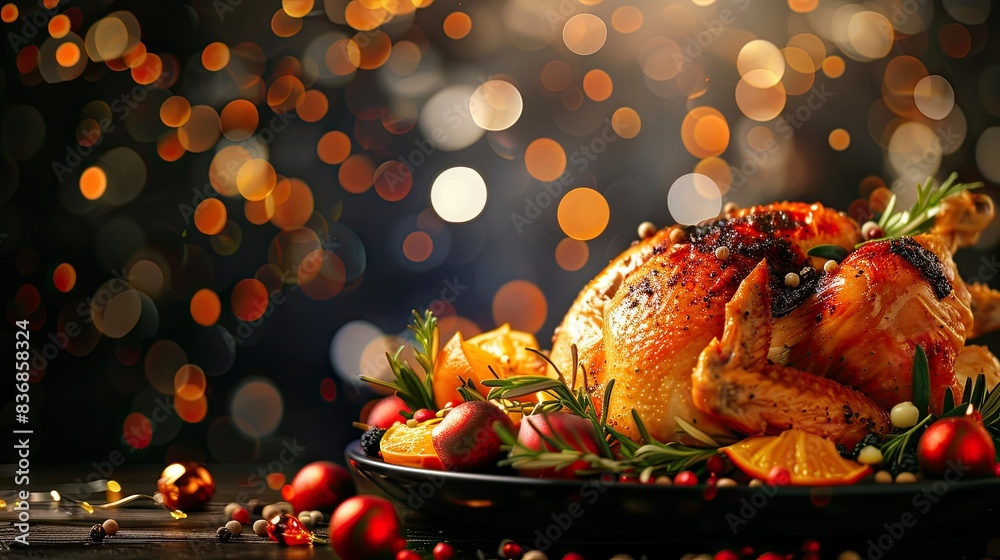Delicious golden chicken with vibrant sides on a table, black background with bright, sparkling highlights Delicious golden chicken with vibrant sides on a table, black background with bright, sparkling highlights