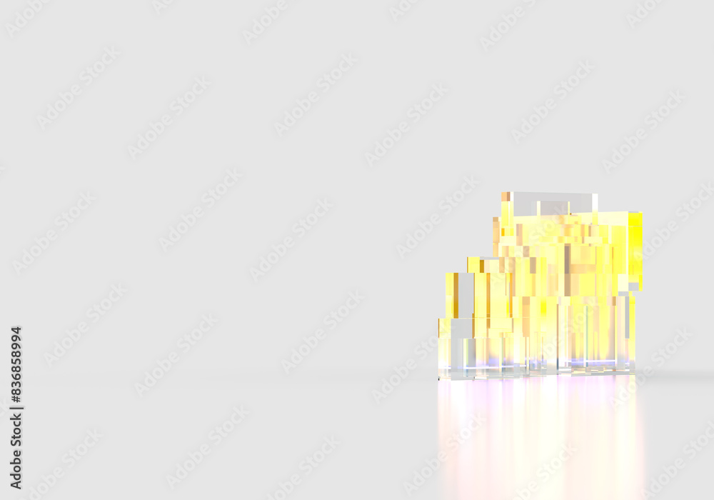 A glass, transparent, abstract cube. Yellow, blue light. 3d rendering on the theme of design, minimalism, business, work, architecture and technology. The style of minimalism. Grey background. A glass, transparent, abstract cube. Yellow, blue light. 3d rendering on the theme of design, minimalism, business, work, architecture and technology. The style of minimalism. Grey background.