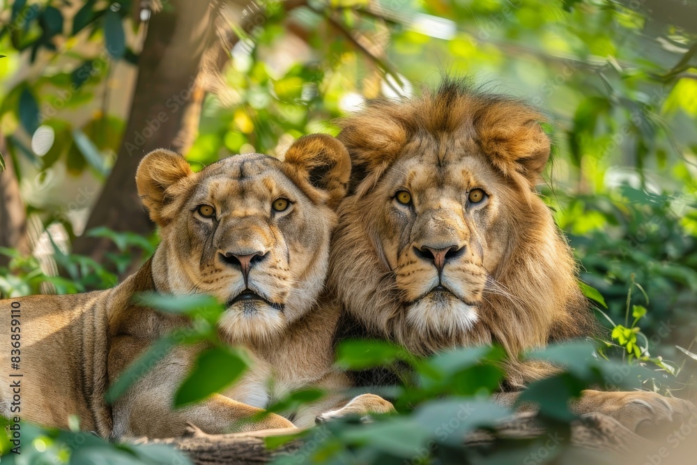 Closeup of a serene male and female lion pair lying together amid lush greenery Closeup of a serene male and female lion pair lying together amid lush greenery
