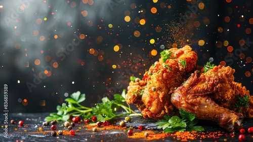 Golden crispy fried chicken surrounded by fresh herbs and spices on a table  dark background with bright  sparkling light