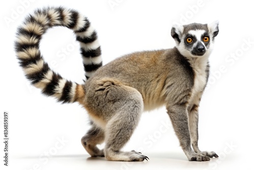 Playful lemur on white background 