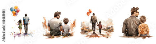 Watercolor father and son back view, fathers day clipart png