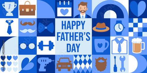 Happy Father's Day icons elements with geometric pattern. Vector flat design for poster, card, wallpaper, poster, banner, packaging