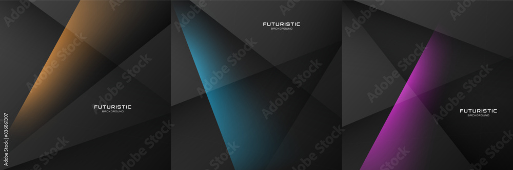 3D black abstract background set with colorful light decoration. Overlap layer on dark space. Graphic design element with polygonal cutout style concept for web banner, flyer, card, or brochure cover 3D black abstract background set with colorful light decoration. Overlap layer on dark space. Graphic design element with polygonal cutout style concept for web banner, flyer, card, or brochure cover