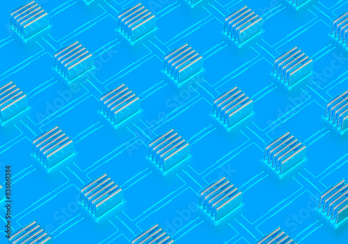 The pattern of folders of the computer's operating system and the electricity line. The color is blue. 3d render on the topic of IT, PC, applications, development, code. Blue background.