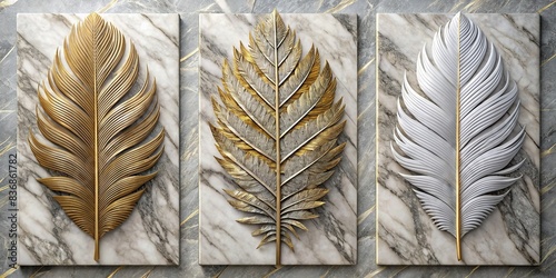 Marble wall art with golden and silver feather designs photo