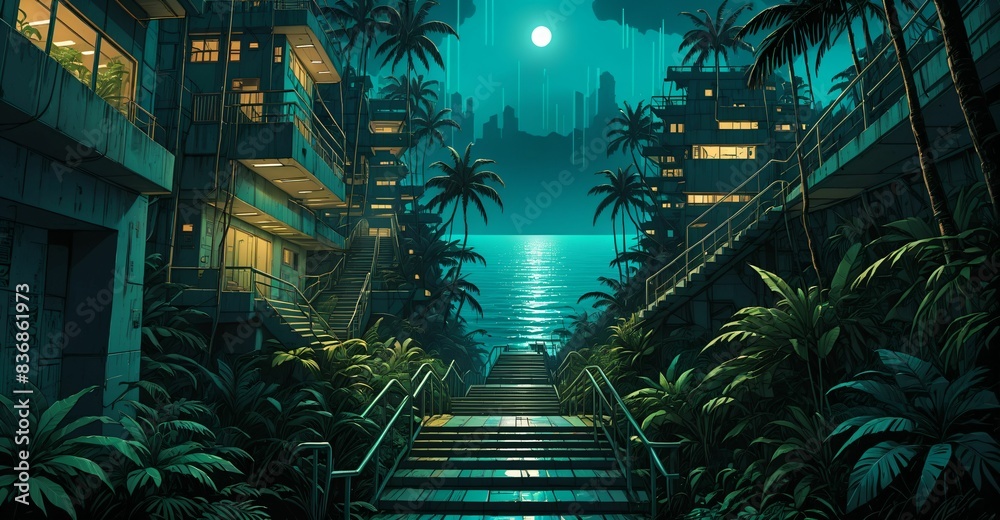 cyberpunk lo-fi tropical city stairwell sunset. stairs staircase to ocean sea with palm trees on beach in summer. steps and rails wallpaper background. cyberpunk lo-fi tropical city stairwell sunset. stairs staircase to ocean sea with palm trees on beach in summer. steps and rails wallpaper background.