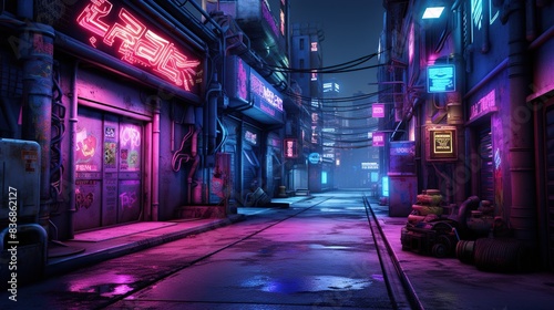 A realistic 3D mockup of a cyberpunk alleyway, with neon lights, futuristic advertisements, and a gritty atmosphere 