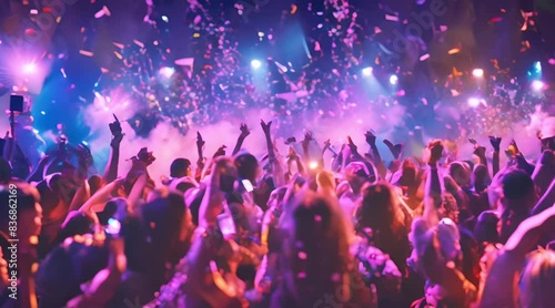 Nighttime Concert Crowd Celebrating With Confetti and Lights