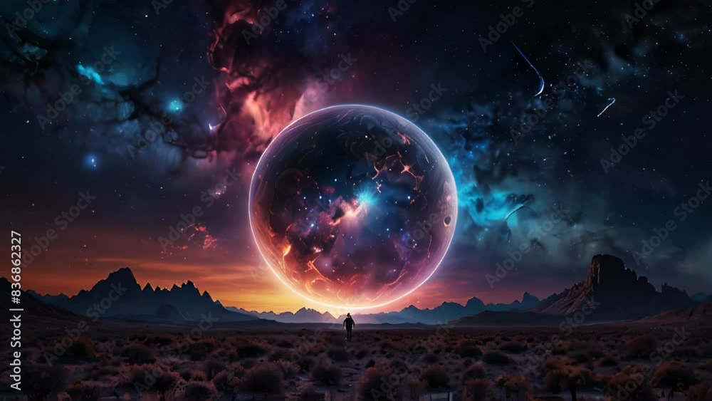 Lone explorer is making his way across an otherworldly landscape, heading towards a giant, glowing planet hanging in the cosmic sky Lone explorer is making his way across an otherworldly landscape, heading towards a giant, glowing planet hanging in the cosmic sky