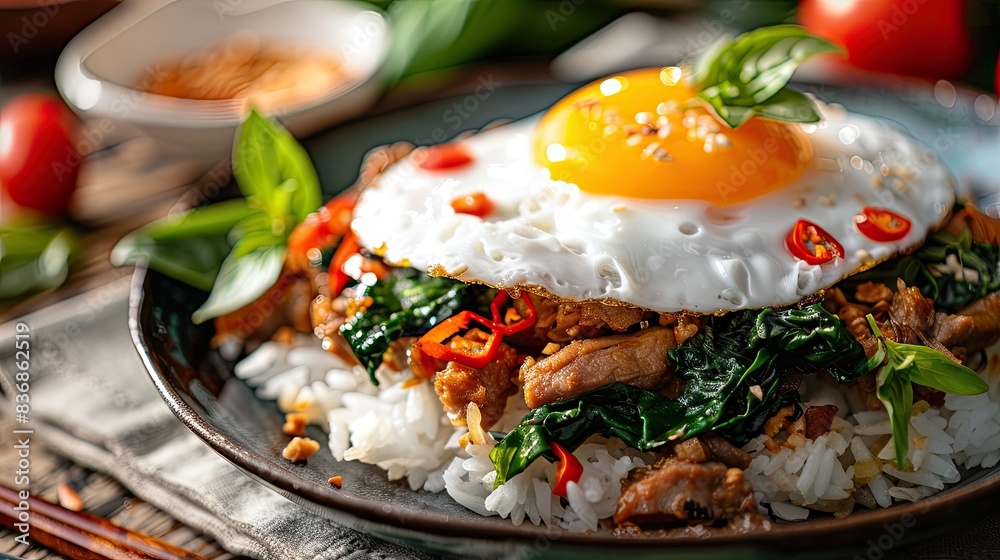 Pad Krapow Moo Krob with steam rice, Holy Basil, crispy pork, and a fried egg on top, macro shot, beautifully decorated Pad Krapow Moo Krob with steam rice, Holy Basil, crispy pork, and a fried egg on top, macro shot, beautifully decorated