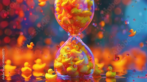 photorealistic image of hour glass filled inside with hundreds small yellow rubber Ducks, bright vivid colours, hyperrealistic --ar 16:9 Job ID: 68c22faa-e4c4-49d7-8da8-668ce802c1e5