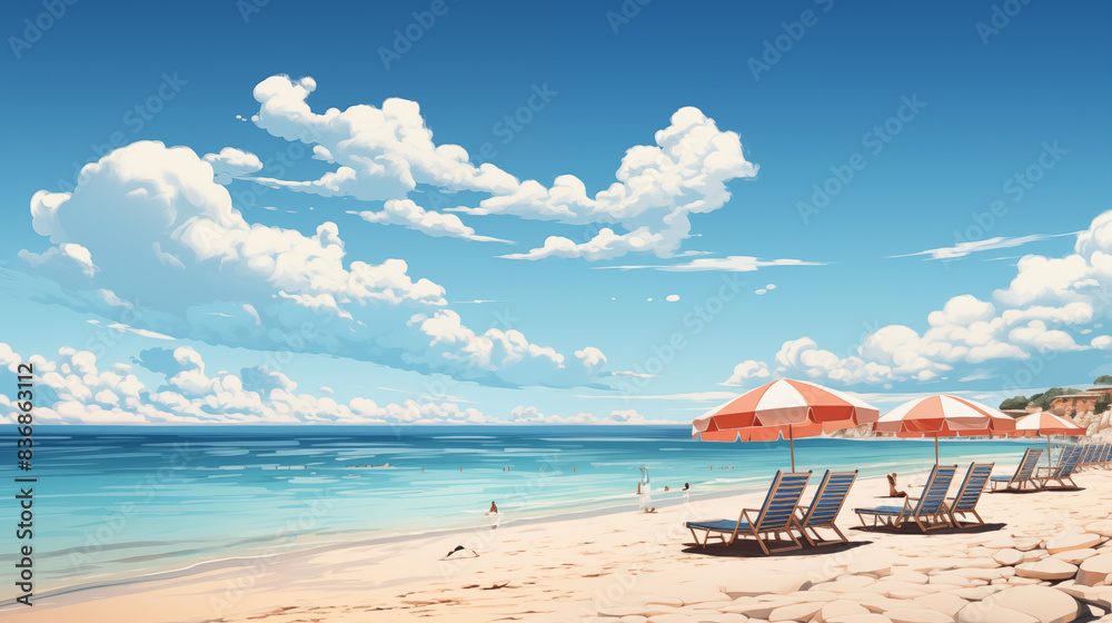 Illustration vectorielle d'une plage du sud de la France avec des transat et des parasols. Ciel bleu, mer, plage de sable fin. Vacances, soleil, été, voyage. Détente, repos.