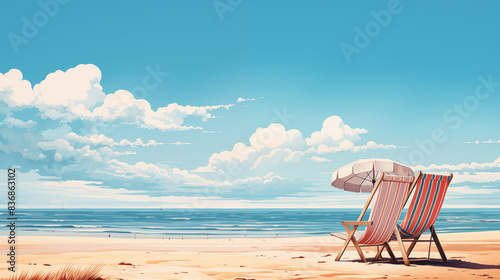 Illustration vectorielle d'une plage du sud de la France avec des transat et des parasols. Ciel bleu, mer, plage de sable fin. Vacances, soleil, été, voyage. Détente, repos. photo