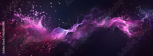 A digital art piece featuring two glowing pink and purple abstract shapes on the left side of an empty black background, creating a visually captivating composition with light particles scattered arou photo