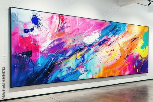 A large-scale canvas painting hung on a white gallery wall  featuring bold brushstrokes and vibrant splashes of color in an energetic and dynamic abstract composition  adding a sense of movement