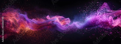 A digital art piece featuring two glowing pink and purple abstract shapes on the left side of an empty black background, creating a visually captivating composition with light particles scattered arou photo