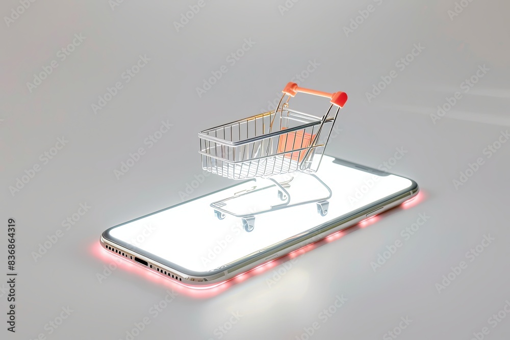 Bright white background with phone screen emitting light and shopping cart, symbolizing online shopping Bright white background with phone screen emitting light and shopping cart, symbolizing online shopping