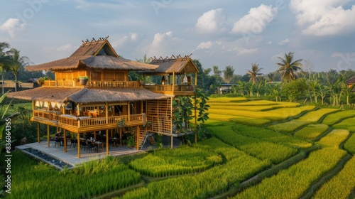 Serene bamboo amid rice fields in Southeast Asia, known for its unique, eco-friendly dining experience and beautiful rooftop views © chanidapa