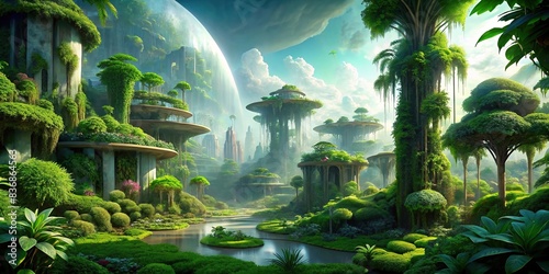 Lush interplanetary vegetation in a futuristic landscape, alien, flora, plants, space, planet, sci-fi, environment, ecosystem, foliage, growth, futuristic, green, otherworldly, natural photo