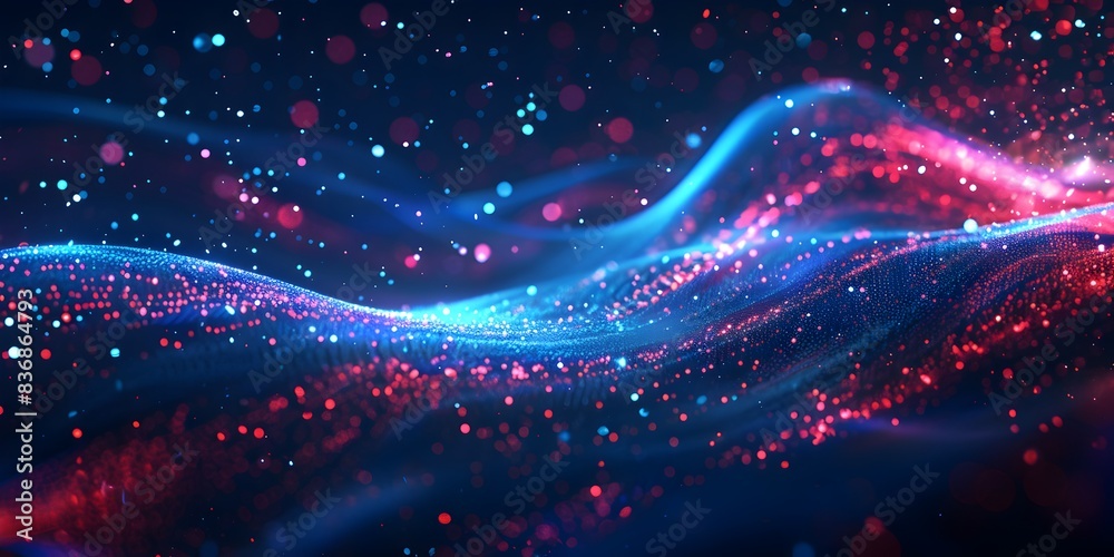 Blue glowing light beam with particles and lines on a black background, depicting a data transfer concept
Blue glowing light beam with particles and lines on a black background, depicting a data transfer concept