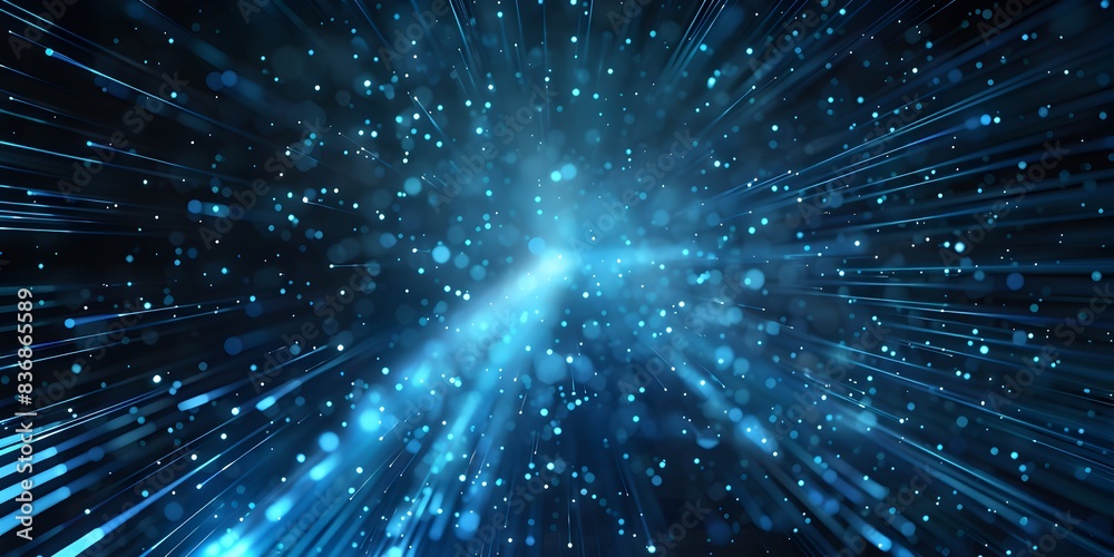 Blue glowing light beam with particles and lines on a black background, depicting a data transfer concept
Blue glowing light beam with particles and lines on a black background, depicting a data transfer concept