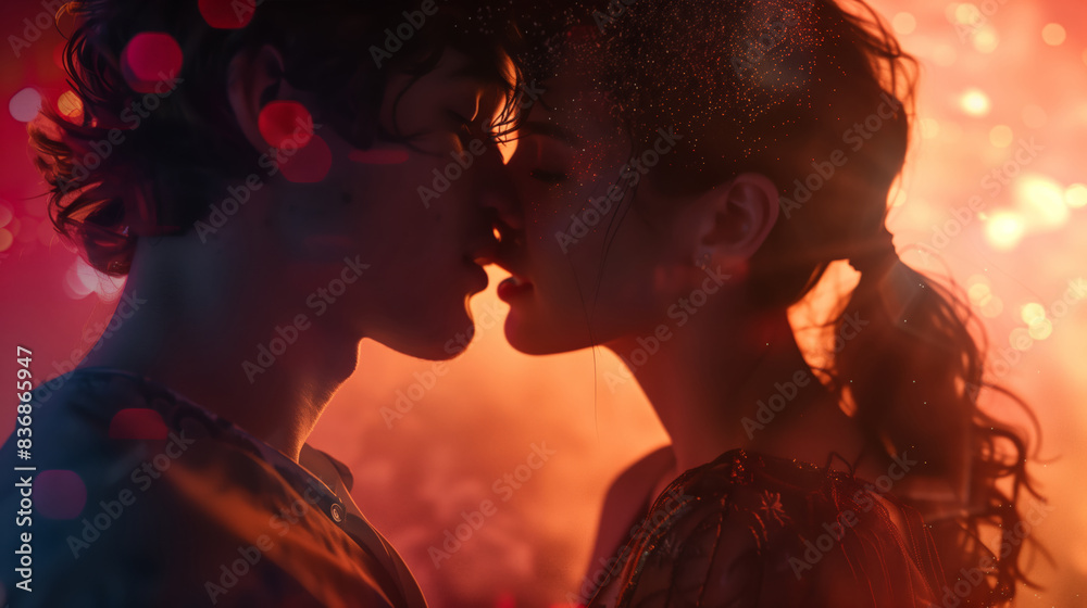 A young man and a woman are kissing. Close-up of a heterosexual couple in love dancing at a party A young man and a woman are kissing. Close-up of a heterosexual couple in love dancing at a party