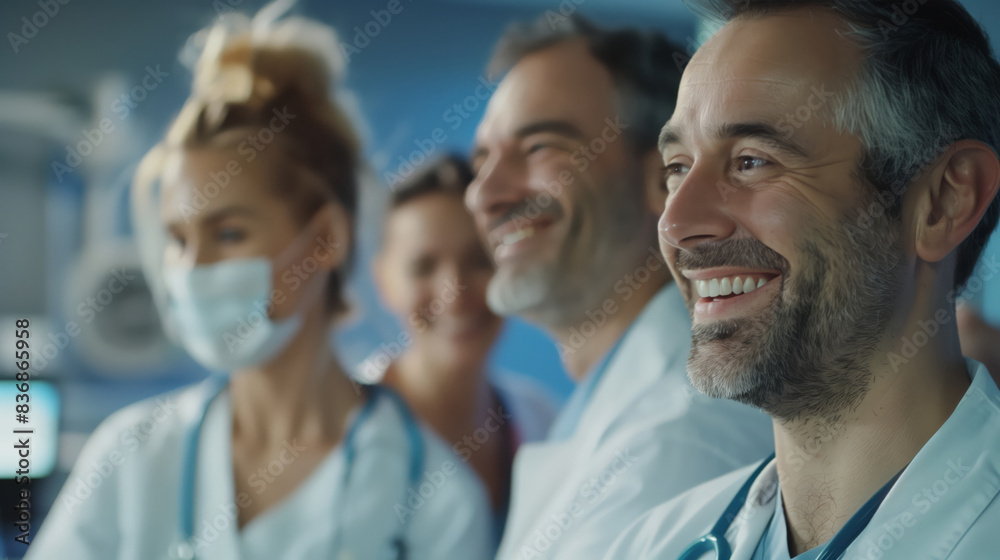 Fototapeta premium Entrust the care of your health to our highly qualified doctors. A group of doctors in white medical coats are smiling and laughing
