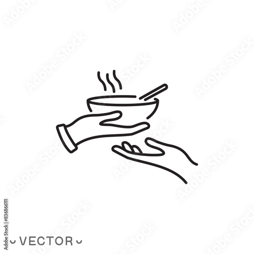 share food icon, taste food, give or donate nutrition, free food, feed the poor, thin line symbol isolated on white background editable stroke eps 10 vector illustration