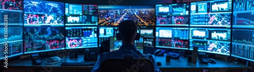 Wallpaper Mural Cybersecurity operations center, one operator in a sea of screens, strategic and critical environment, dim lighting for focus Torontodigital.ca