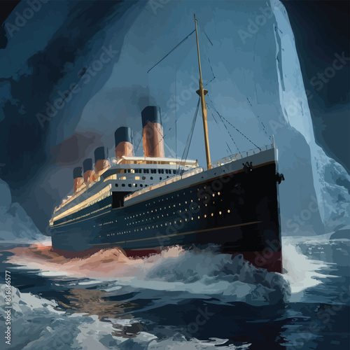 Titanic ship before crashing into giant iceberg in Atlantic Ocean 3D rendered illustration of historic deadly shipwreck accident