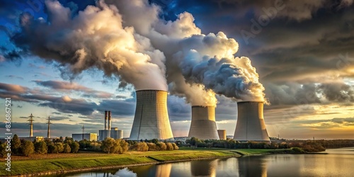 Nuclear power plant emitting steam against a cloudy sky