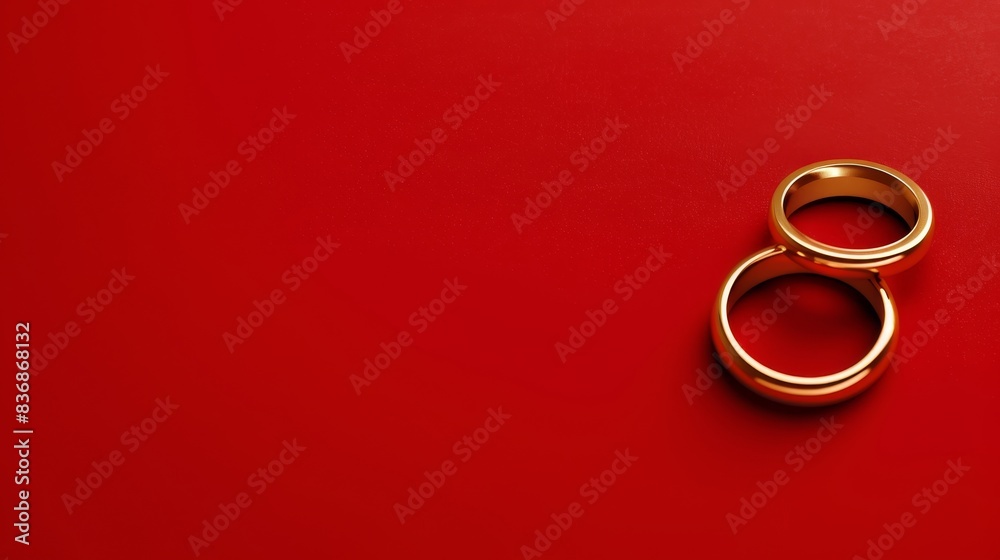 This image shows a pair of golden wedding rings positioned closely together on a vibrant red backdrop, symbolizing love and commitment This image shows a pair of golden wedding rings positioned closely together on a vibrant red backdrop, symbolizing love and commitment