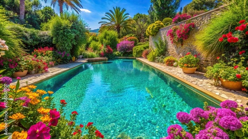 Crystal clear pool surrounded by lush greenery and colorful flowers, evoking a tranquil Mediterranean summer paradise