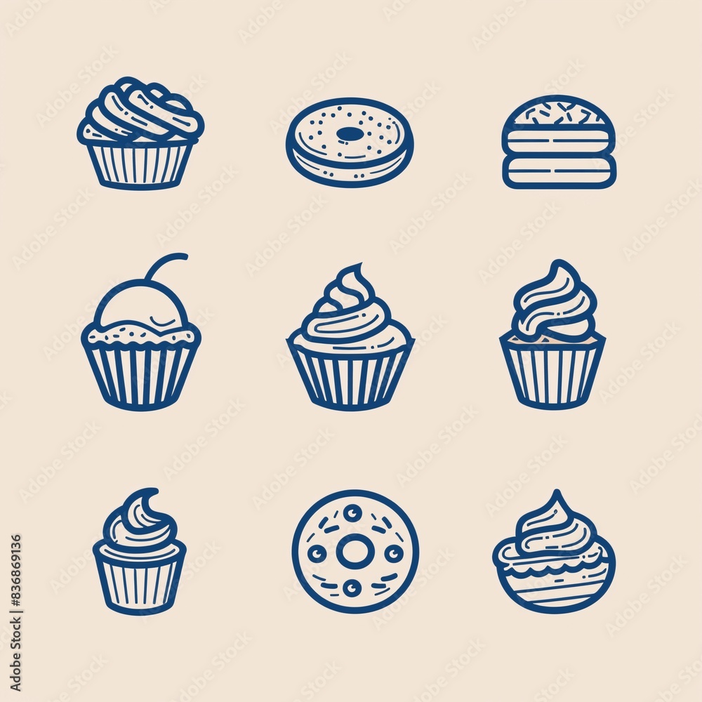 Blue outlined baking icons on a white background. Blue outlined baking icons on a white background.