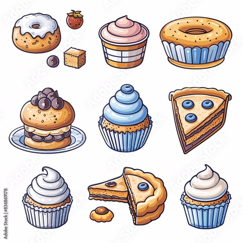 Baking-related 2D icons outlined in blue on white.