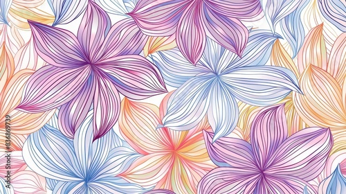 A vibrant and intricately drawn pattern featuring a multitude of colorful, overlapping flowers with prominent line work