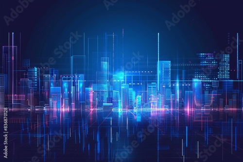 Vector Illustration Urban Architecture, Cityscape With Space and Neon Light Effect. Modern Hi-tech, Science, Futuristic Technology Concept.