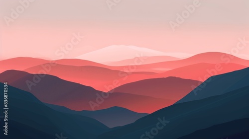 Abstract landscape of rolling hills in gradient hues of red and blue creating a serene, atmospheric sunset scene.