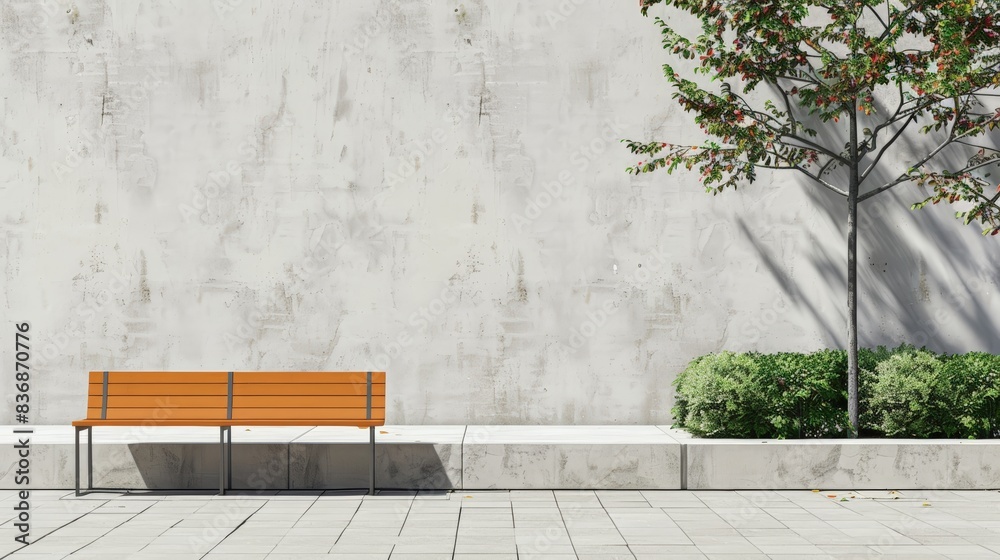 custom made wallpaper toronto digitalModern urban park with an empty wooden bench, concrete wall background, and solitary tree casting a shadow.