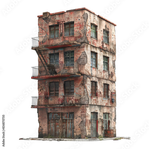 A four-story abandoned building with peeling paint and broken windows, showcasing urban decay and neglect. © PTC_KICKCAT